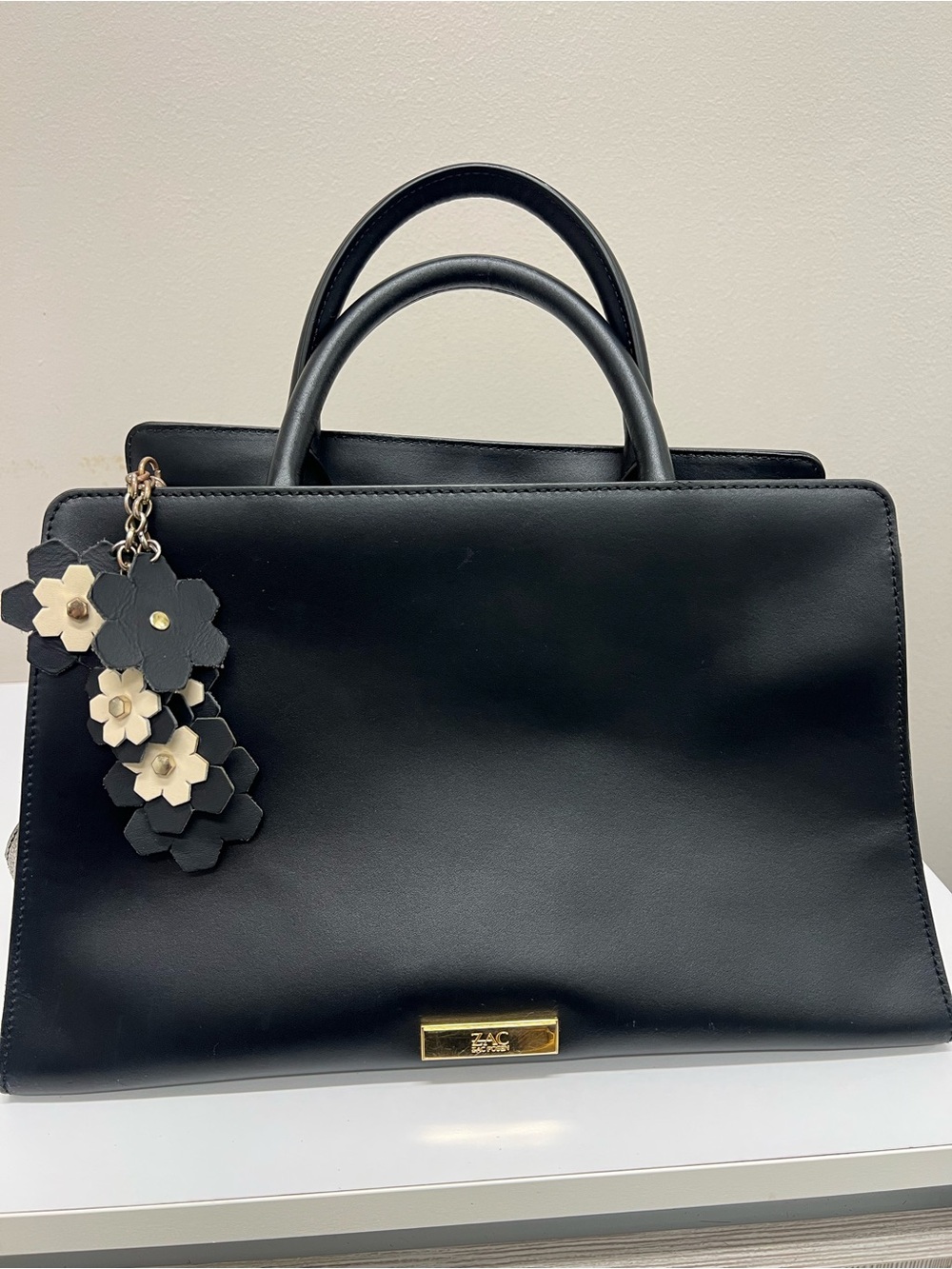 ZAC Zac Posen Black Leather Top-Handle Satchel with Cream Floral Charm